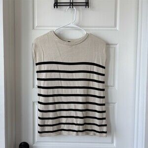 Womens Beige & Black Striped Sleeveless Sweater Top Crew Neck Size S